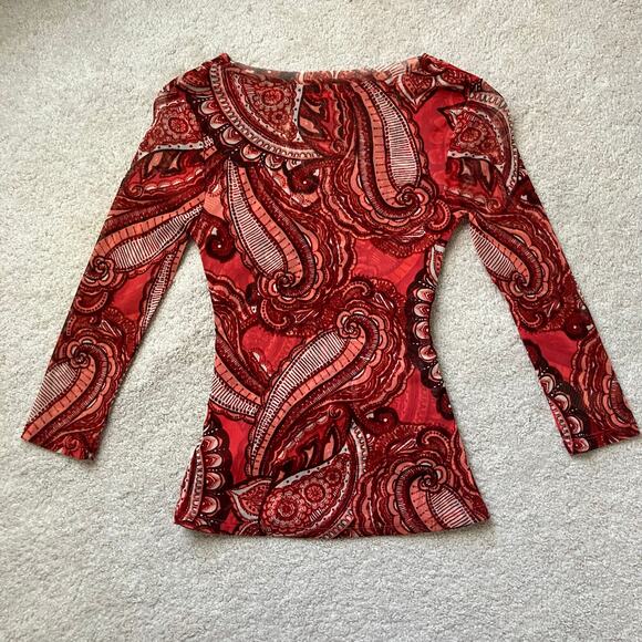 Red groovy paisley bohemian Y2K v neck blouse with 3/4 sleeves fairycore hippie - Picture 4 of 8
